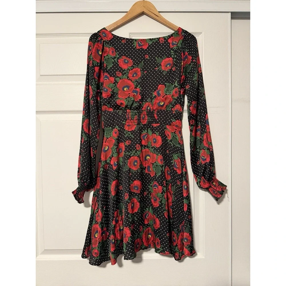 Free People Black Red Floral Mini Dress Balloon Sleeve Peasant Fairy Western